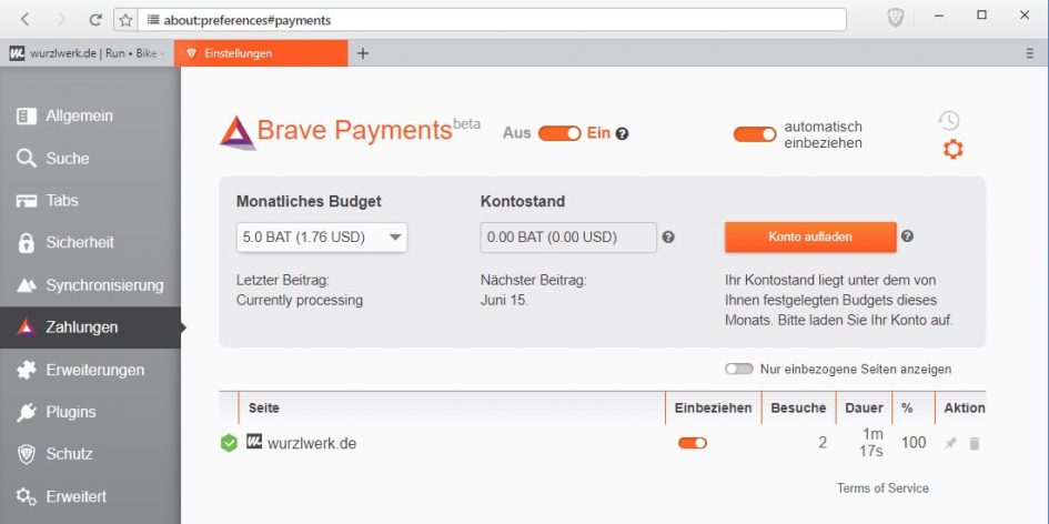 Brave Payments Einstellungen im Browser